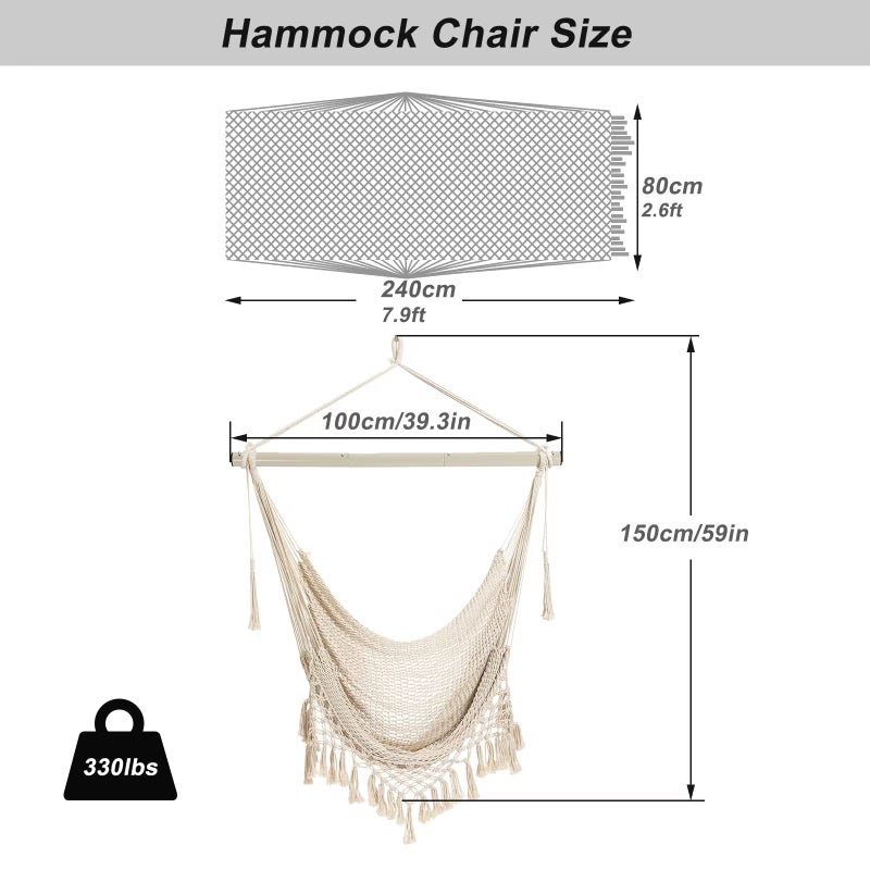 YAERSI Hammock Chair Max 330lbs  Large Hanging Chair  Soft Cotton Rope Swing Chair with High Load-Bearing Metal Rod Indoor Outdoor Garden Yard Living Room Use Beige - Image 4
